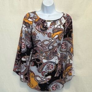 A-109 Zac & Rachel Black‎ White & Yellow Paisley 3/4 Length Split Sleeve Blouse